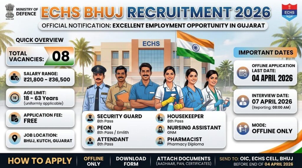 Job Flyer showing Quick details about ECHS Station HQ Bhuj Recruitment 2026