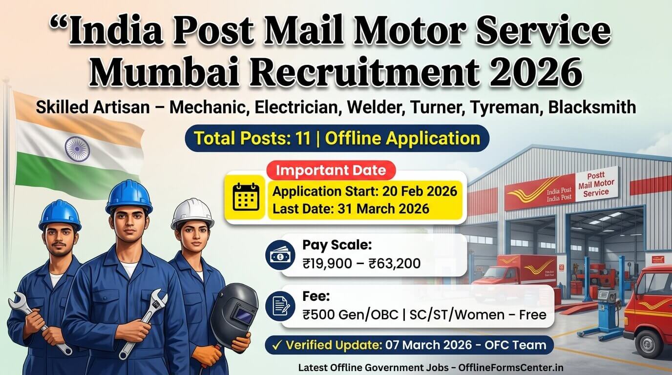 India Post Mail Motor Service Mumbai Recruitment 2026 banner showing Indian ITI students with tools, India Post workshop building, Indian flag background, and highlighted job details including 11 Skilled Artisan posts, salary ₹19,900–₹63,200, and last date 31 March 2026