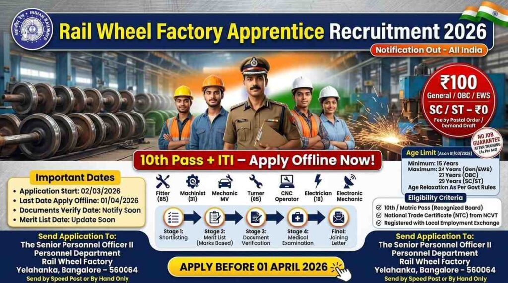 Canva image showing Railway factory line in background along with all the key details lablled text over the image showing heading title "Rail Wheel Factory Apprentice Recruitment"